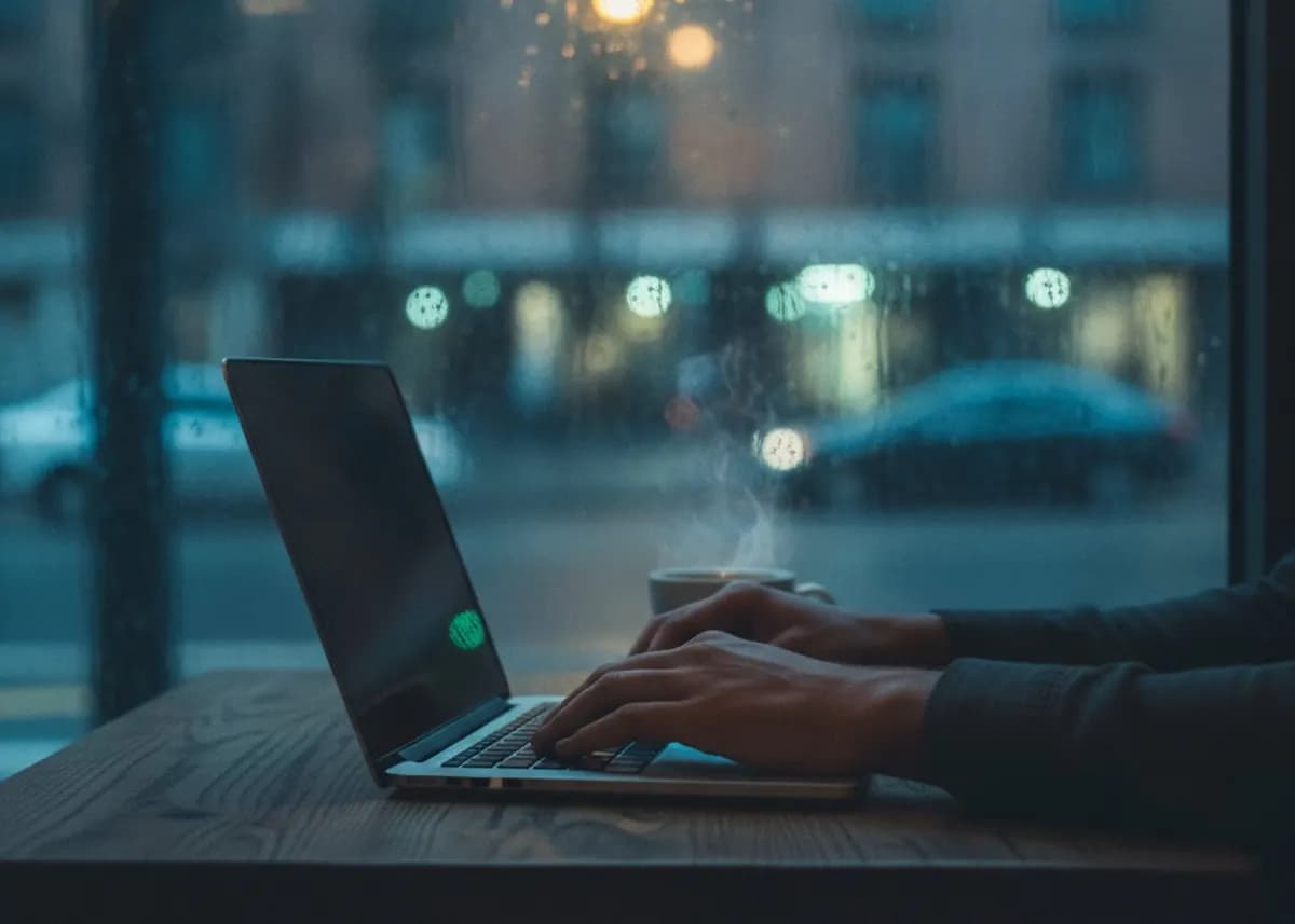 Laptop on a café table in the evening
